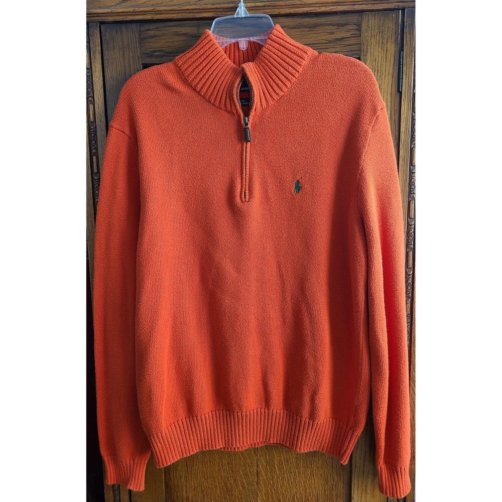 Polo Ralph Lauren Mens Orange 100% Cotton Quarter Zip Sweater Medium Pony Logo
